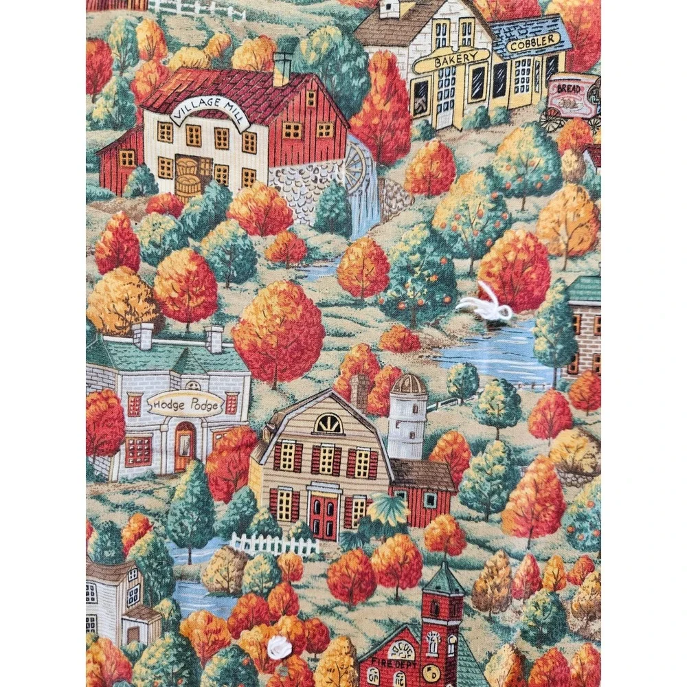 Vintage Handmade Autumn Village Tied Quilt Fall Folk Art Landscape 88x74